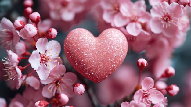 feriado de primavera Dia dos Namorados fundo romântico com um coração em um fundo de flores de cerejeira