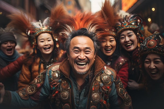 Foto feriado do ano novo chinês pessoas felizes da ásia comemorando nas ruas tradições culturais