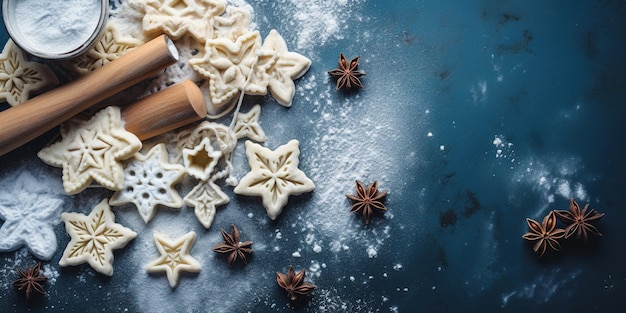 Feriado feito em casa assado estrelas cortadores de biscoitos rolo pin e batida em um fundo azul com farinha bolos de férias de inverno