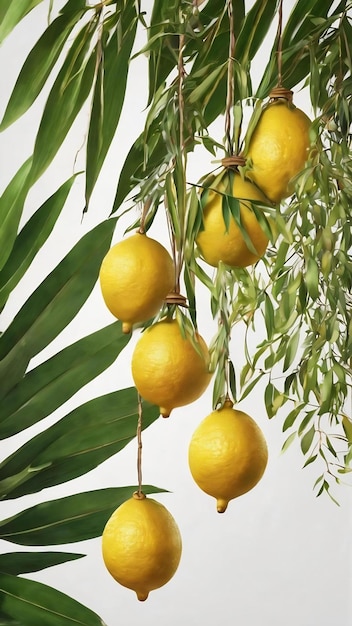 Foto feriado judaico de sukot símbolos tradicionais as quatro espécies etrog citron lulav ramo de palmeira hadas m