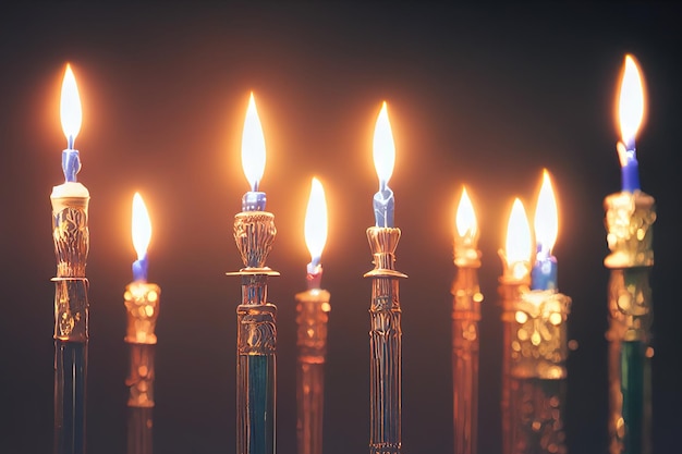 Feriado judaico Hanukkah com ilustração 3d símbolo de luzes tradicionais menorah