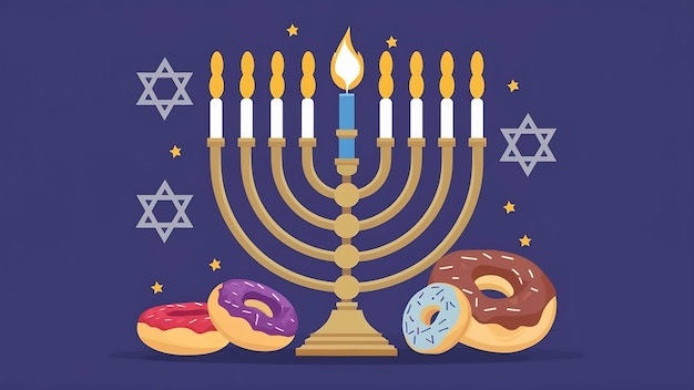 Foto feriado judaico hanukkah e seus atributos menorah donuts estrela de david hanukkah menor