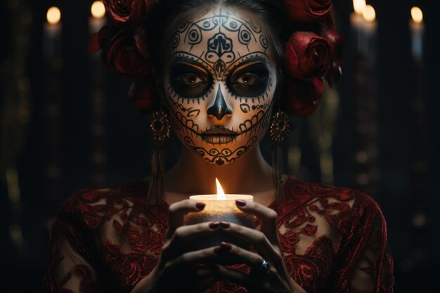 Feriado mexicano dos mortos Mulher com maquiagem de caveira de açúcar e flores IA generativa