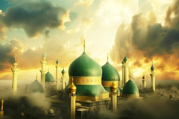 Feriado muçulmano Mesquita do Ramadã nas nuvens na noite da lua crescente AI gerada