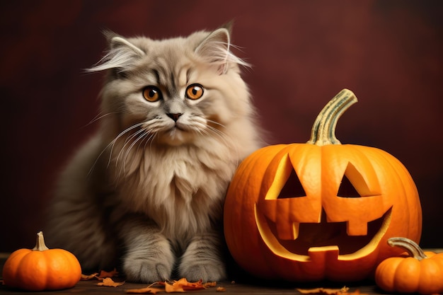 Foto feriados de halloween gato com abóbora de halloween