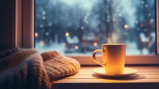 Feriados de inverno à noite calma e aconchegante casa xícara de chá ou xícara de café e cobertor de tricô perto da janela na atmosfera de férias da casa de campo inglesa