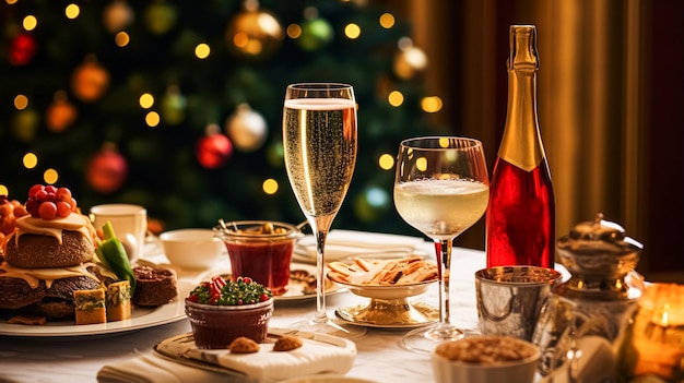 Feriados de Natal e celebração de Ano Novo mesa de jantar em um restaurante de luxo de estilo inglês ou hotel aperitivos de vinho e decoração de árvore de Natal festa de férias e convite para eventos