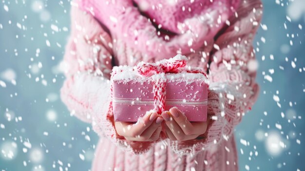 Feriados de Natal e pessoas conceito close-up de mulher em camisola rosa segurando caixa de presentes sobre