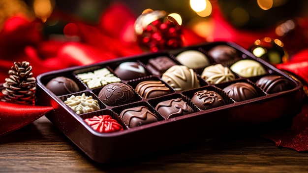 Feriados de presente de Natal e caixa de comemoração com bombons de chocolate, ideia de presente de feriado de inverno