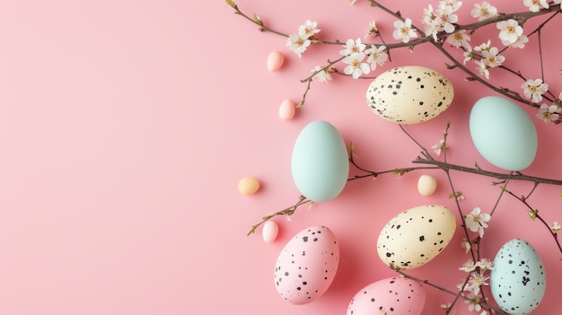 Feriados de Primavera e Páscoa ovos em um fundo rosa suave campo vazio para inscrição pétalas espalhadas