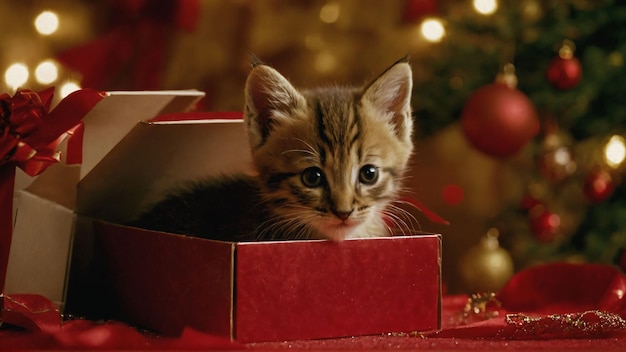 Feriados e animais de estimação Gato em um interior de Natal em casa À noite aconchegante de inverno Gatinho em uma caixa de presentes