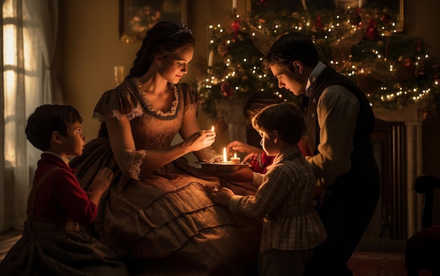 Foto feriados emocionantes criança coroa árvore em meio a festividades familiares vitorianas