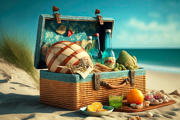 Férias à beira-mar com cesta de piquenique de verão