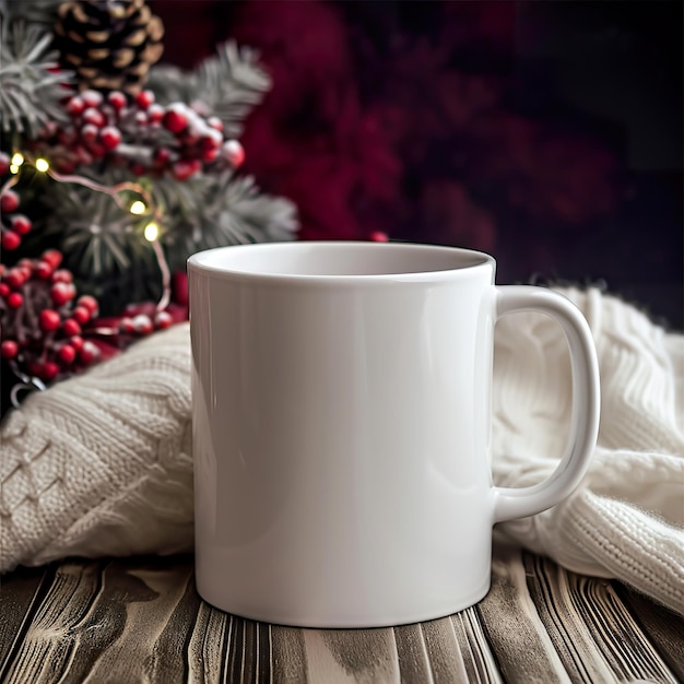 Férias aconchegantes começam com uma xícara branca em um fundo de Natal