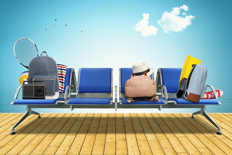 Férias, assentos no aeroporto com malas