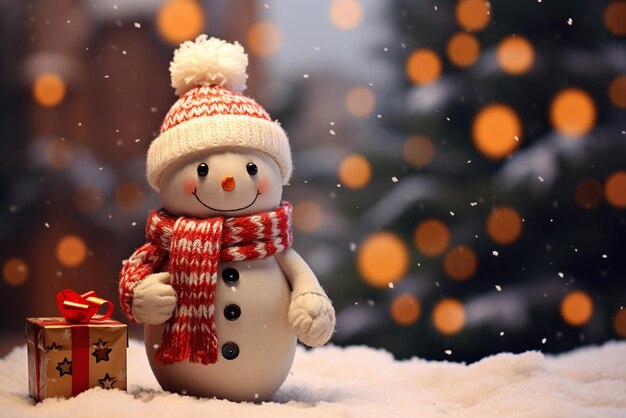 Férias de inverno árvore de Natal e bonito urso branco em chapéu de Papai Noel com fundo de caixa de presentes AI