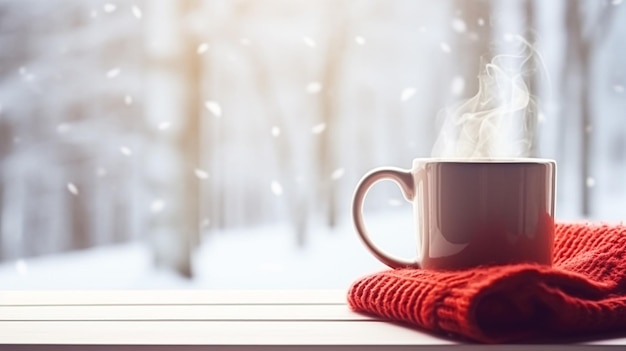 Férias de inverno calma e aconchegante casa xícara de chá ou café caneca e cobertor de malha perto da janela no campo inglês cottage atmosfera de férias inspiração