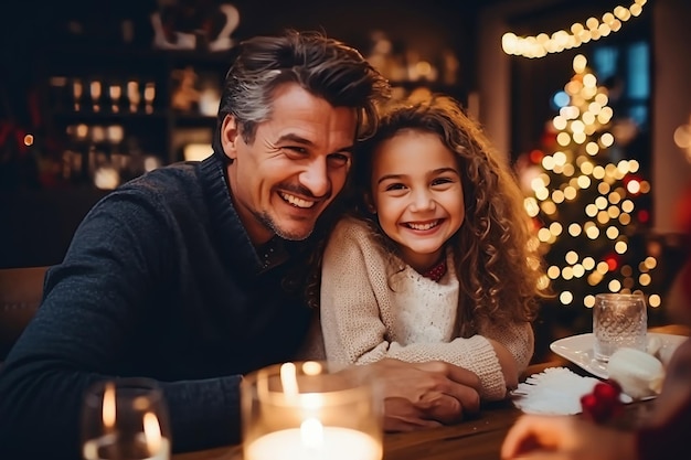 Férias de inverno e conceito de pessoas pai com filha na mesa comemora natal e ano novo Férias em casa Fundo desfocado Foco seletivo