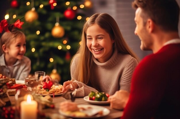 Férias de inverno e conceito de pessoas pai com filha na mesa comemora natal e ano novo Férias em casa Fundo desfocado Foco seletivo