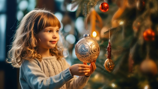 Férias de Inverno Uma menina bonita pendura uma bola de Ano Novo na árvore de Natal em um interior borrado