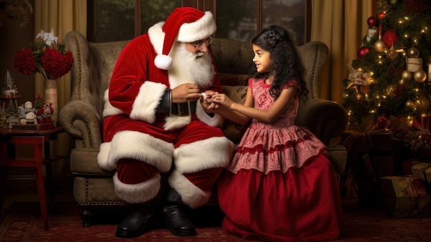 férias de Natal geração e pessoas conceito de close-up de menina feliz com o Papai Noel