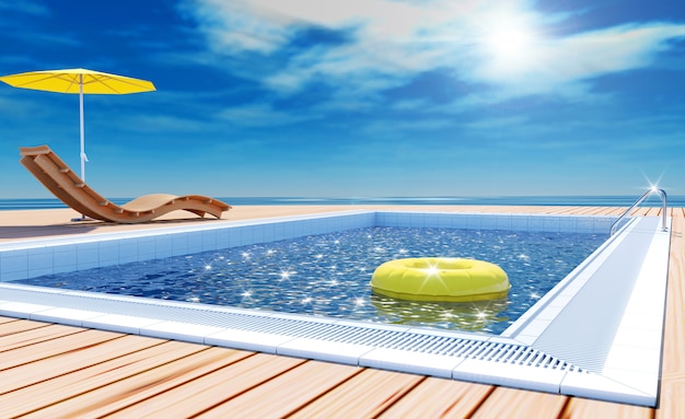 Férias de verão com piscina e vista para o mar, renderização em 3D