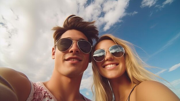 Férias de verão feriados tecnologia e conceito de amizade casal sorridente com smartphone fazendo selfie ao ar livre