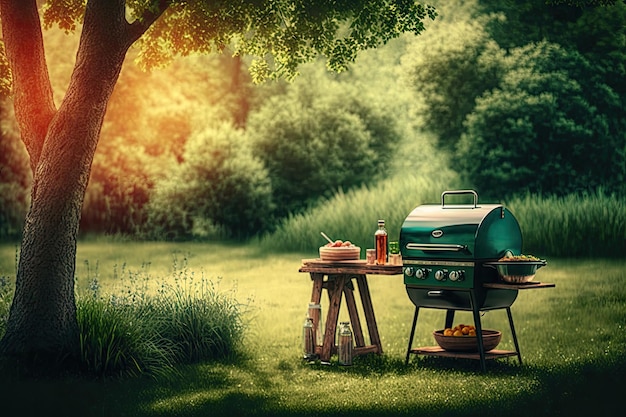 Férias de verão glamourosas na bela natureza com churrasco no quintal aconchegante com grama e árvores