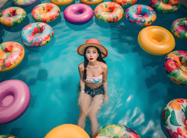Férias de verão Rindo jovem desfrutando de um parque aquático com um flutuador amarelo em wa azul cintilante