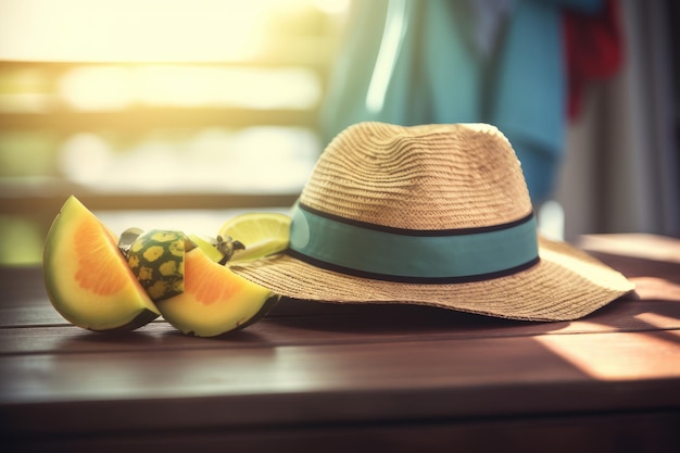 Férias de verão um chapéu e algumas frutas Criado com tecnologia generativa de IA