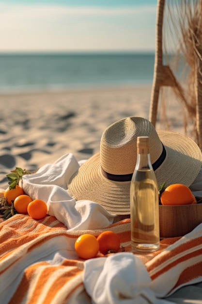 Férias na praia Chapéu de palha com tangerinas laranja e uma garrafa de vinho na praia