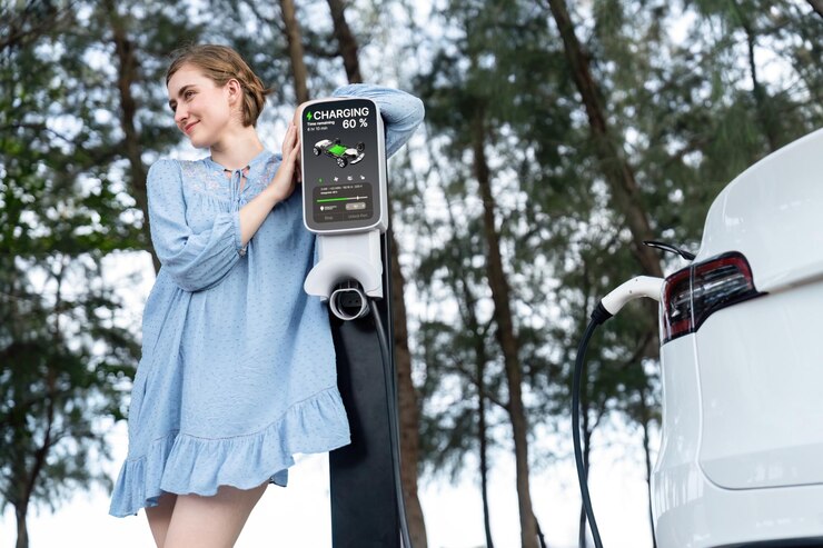 Foto férias viagem de estrada férias com bela jovem mulher e ev carro perpétuo