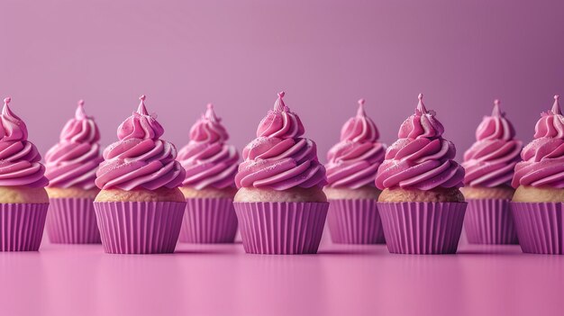 Foto ferien-cupcakes mit geradenen reihen, glatte glasur, lila muster, helllila, pastellfarbene, minimalistisch