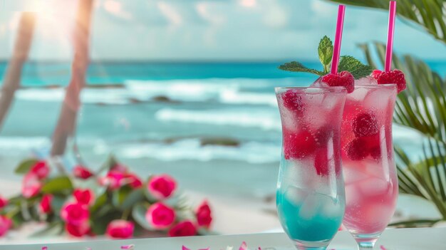 Foto ferienbanner zwei cocktailgläser am strand reiseurlaub an der strandbar sommergetränke mit blu