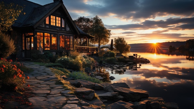 Ferienhaus bei Sonnenuntergang in einer großen Landschaft