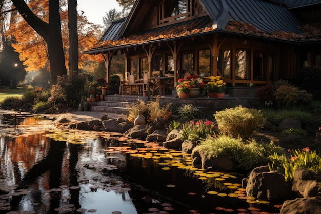 Ferienhaus im skandinavischen Stil im Herbst mit professioneller Fotografie im Nachmittagslicht