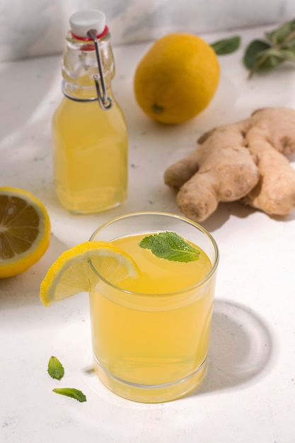 Fermentiertes kombucha-getränk neben zutaten. vertikales foto