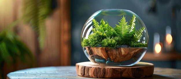 Fern-Terrarium in einem kreisförmigen Glasbehälter auf einer Holzbasis