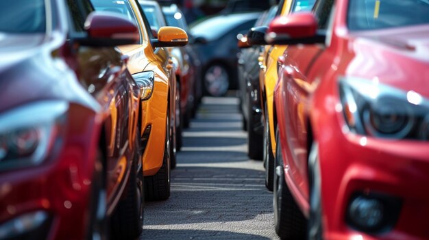 Foto fern- und nahaufnahmen von autos, die nebeneinander auf dem auto-kauf- und verkaufsmarkt stehen