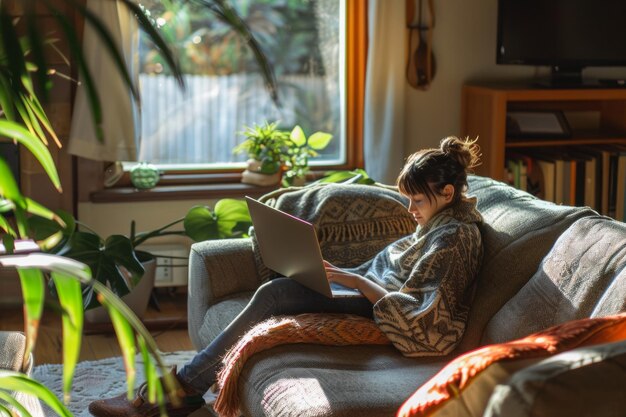 Fernarbeit in einem gemütlichen Heimbüro, entspannt auf einer bequemen Couch mit Laptop