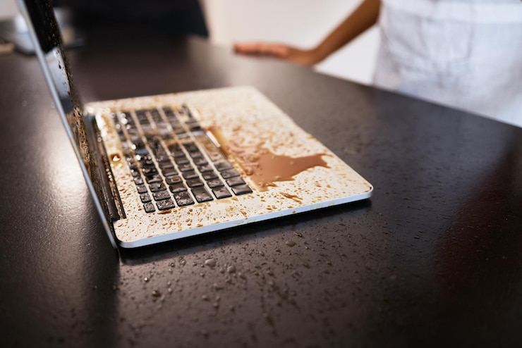 Foto fernarbeitsunfall und kaffeespritzer auf dem laptop in einer küchenkrise und problem für eine frau, die von zu hause aus arbeitet freiberufler-chaos und verschütteter tee auf einer tastatur einer freiberuflerin mit computerschaden