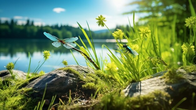 Foto ferns moos see funkelnden see libellus hellblauer himmel hintergrund