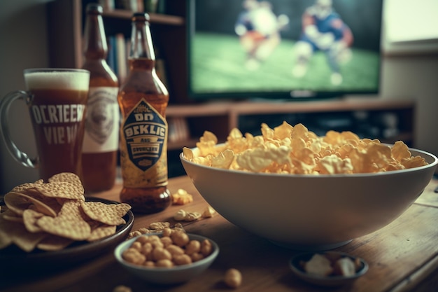 Fernsehen fernsehen Fußballspiel mit Snacks und Alkohol anschauen vor dem Fernseher entspannen Ein Fan-Match spielt einen Teller mit Kartoffelchips Krug Bier auf dem Tisch Popcorn-Getränke