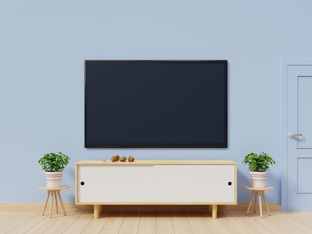 Fernsehen im modernen leeren Raum haben hinteren blauen Wandhintergrund, Wiedergabe 3d