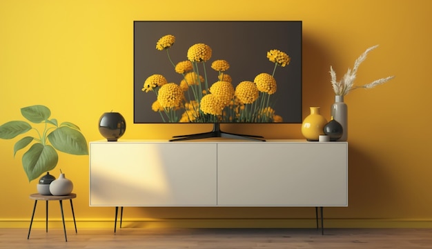 Fernseher auf dem Schrank im modernen Wohnzimmer mit Lampentisch, Blume und Pflanze auf gelbem Wandhintergrund