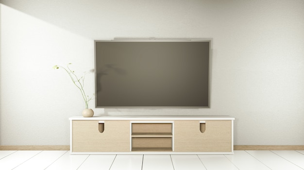 Foto fernseher auf holzschrank im modernen leeren raum und weiße wand auf weißem boden zimmer im japanischen stil. 3d-rendering