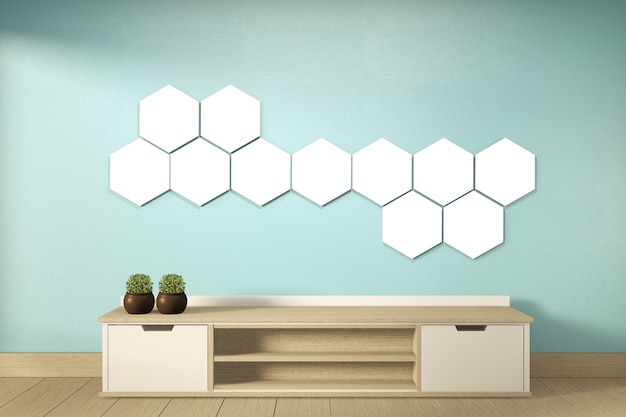 Foto fernsehregal und hexagonlampe auf moderner tropischer art des tadellosen raumes der wand - leerer rauminnenraum - minimales design. 3d-rendering