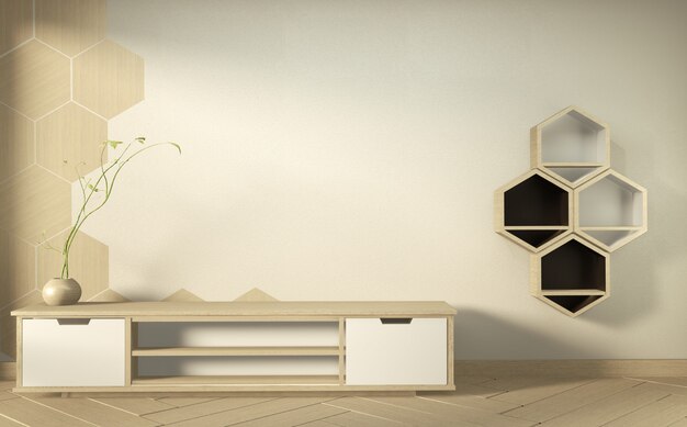 Fernsehschrank im modernen leeren Raum Japanisch - Zenart, minimale Designe. 3D-Rendering