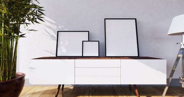 Fernsehschrank in modernem leerem Raum im japanischen Stil, minimalistisches Design. 3D-Rendering