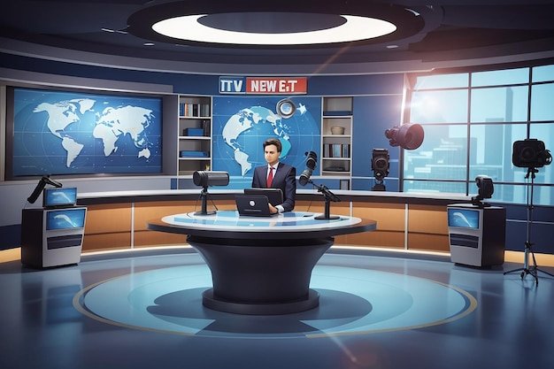 Fernsehsender mit Rundtisch und Erdglobus auf dem Bildschirm